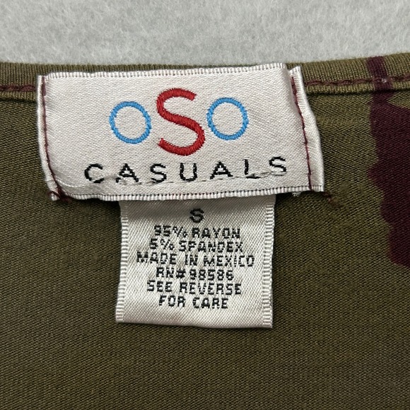 OSO Casuals Tie Dye Tunic Top S Olive Green Burgundy Sharkbite Hem 3/4 Sleeve - Picture 3 of 13